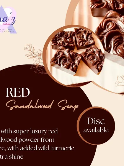 This is my Red Sandalwood Soap, made with pure powder from Mysore and a touch of wild turmeric. It's a fantastic soap for treating acne, sunburn, and signs of aging.