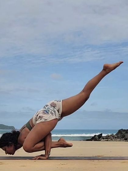 A challenging arm balance on the beach. On Janmashtami, this reminds me of Krishna's teachings on yoga as an inner journey to transcend limitations and find our divine nature.