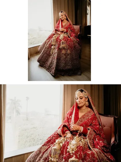 A full length portrait of the bride seated by a window, the natural light illuminating her magnificent red lehenga. This shot captures both the grandeur of the attire and the bride's serene beauty.