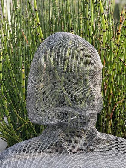 A metal mesh bust sculpture set against a dense wall of green horsetail plants. The contrast between the industrial material of the sculpture and the organic texture of the plants creates a compelling visual dialogue.