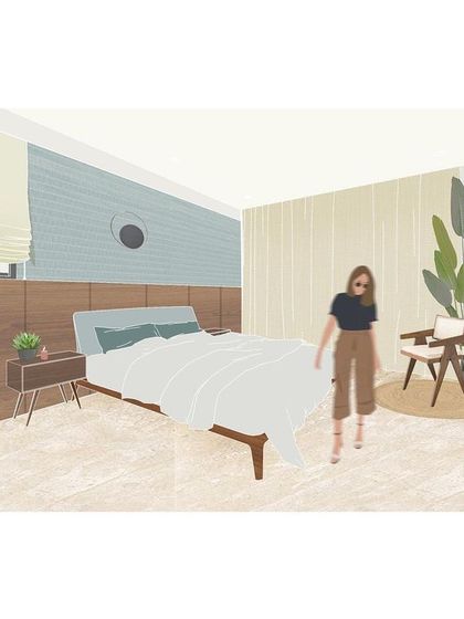 The concept illustration for the apartment's master bedroom. We visualized a calm, tropical-inspired space with a mix of wood and soft blue tones.