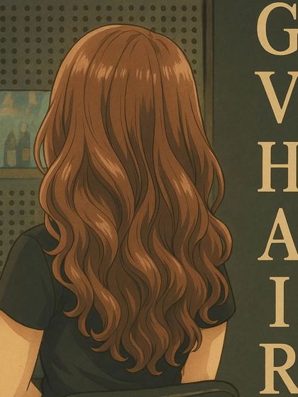 Step into GV HAIR where magic lingers in every strand, just like a Ghibli dream. An anime-style illustration of a client's hair.