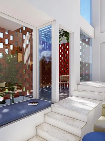 This 3D render shows how a double-height living space can be transformed with a brick jali screen. The perforated wall filters natural light, creating dynamic patterns of light and shadow while ensuring privacy and connecting the indoors with a cozy sit-out area.