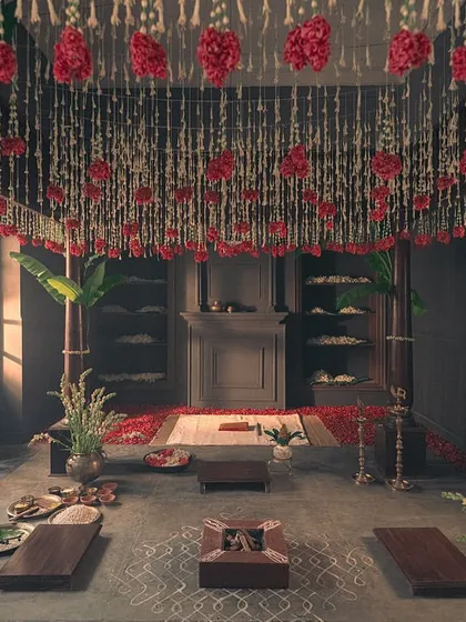 The wedding hall, decorated with jasmine and tuberose garlands. The art direction was designed to be both traditionally accurate and visually stunning for the Kanakavalli campaign.