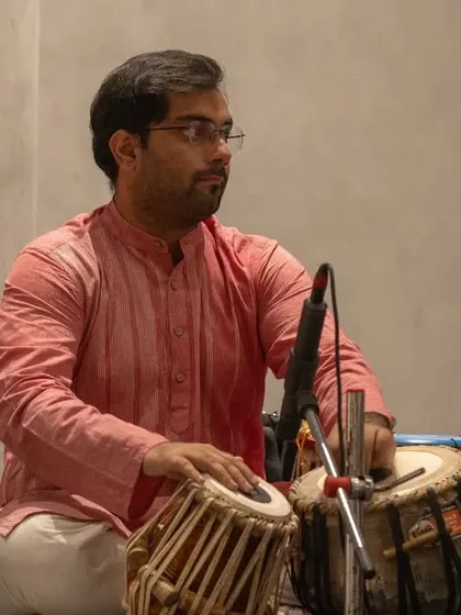 Another moment from the Ekatvam Music event, seated and ready to join in with the tabla.