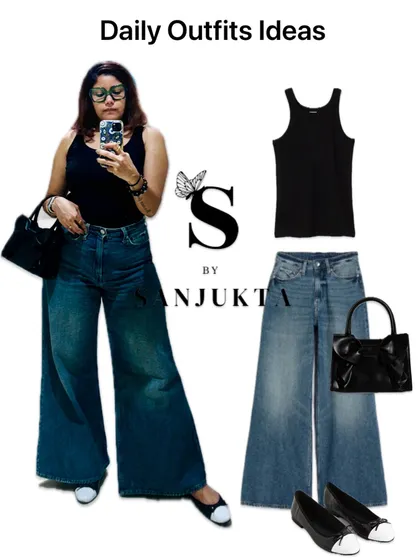 This is my formula for effortless daily style. A simple black tank top paired with well-fitting wide-leg jeans and classic accessories creates a polished look that is both comfortable and chic for running errands or a casual day out.