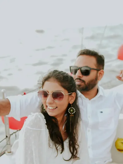 A candid and happy moment from a pre-wedding shoot on a yacht. The genuine smiles and relaxed atmosphere show how I aim to make every session feel comfortable and fun.