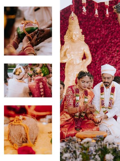 A collage highlighting the details of a South Indian wedding, from the sacred coconut to the couple's joint rituals.