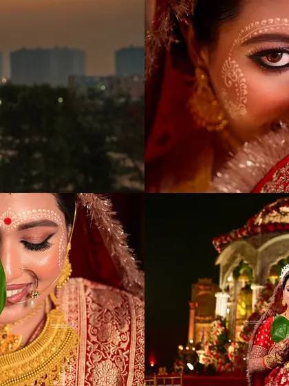 This collage brings together the key moments of a single bride's story. It combines the atmospheric city view, the intense close-up, the traditional paan pata ritual, and the grand stage presence.