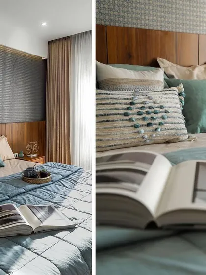 A diptych showing details of the bedroom design. The custom wall sconce, textured wallpaper, and carefully chosen cushions all contribute to the room's sophisticated and restful ambiance.