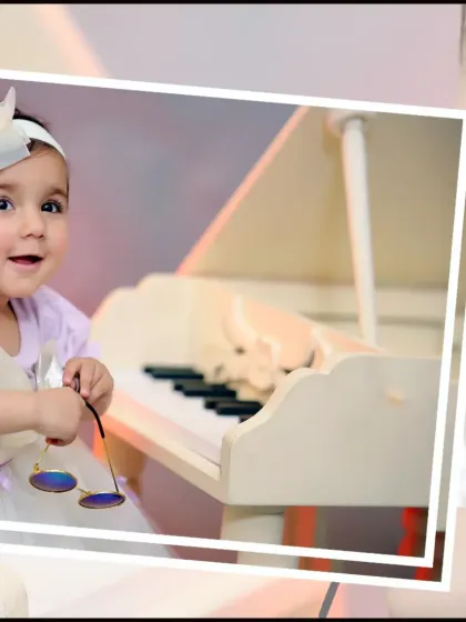 A creative collage from a baby girl's musician-themed shoot, showing off her adorable poses at the miniature piano.
