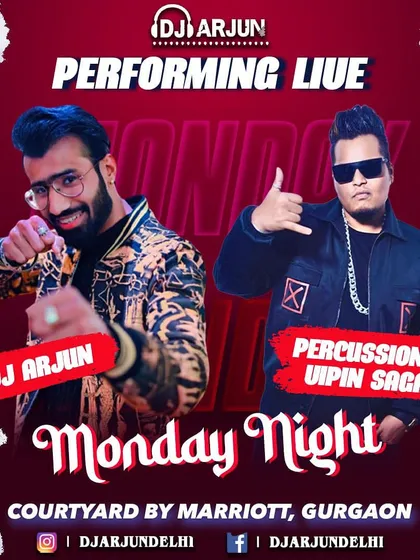 A Monday night performance poster from my residency at the Courtyard by Marriott, Gurgaon. Even on a Monday, the combination of a Bollywood DJ set and live percussion brings weekend-level energy.