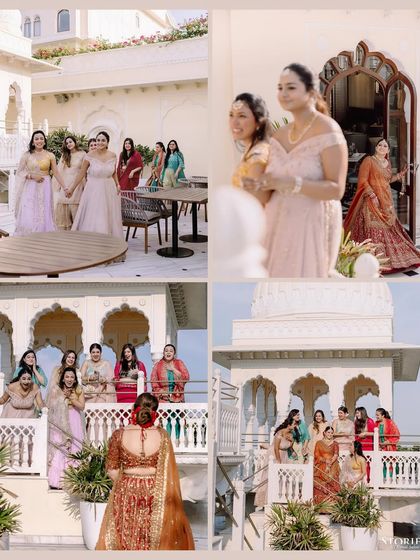The bride's first look with her bridesmaids, a collage of joy and anticipation on the palace terrace.
