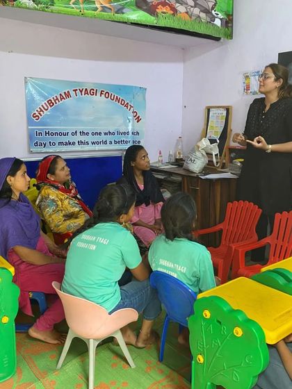 A member of my team conducting a session for a small group of women at the Shubham Tyagi Foundation. We often break into smaller groups to facilitate more personal and effective communication.
