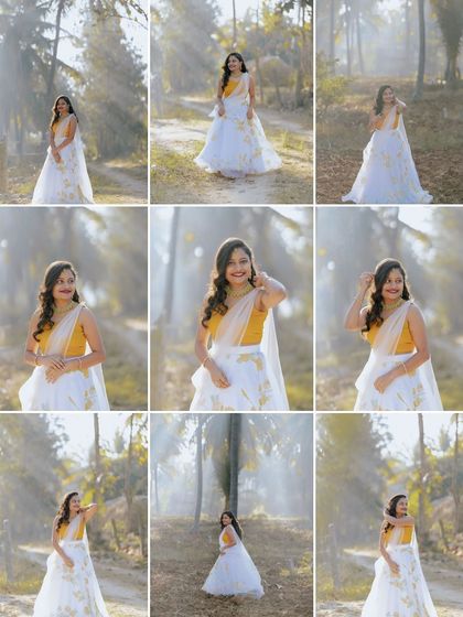 A grid collage of a bride's portraits from her Haldi ceremony, capturing her joyful twirls in a beautiful outdoor setting.