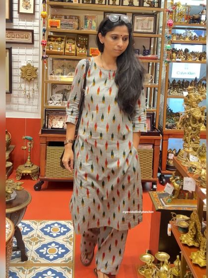 Stepping into the festive spirit with our stunning grey Ikat co-ords. This full-length view shows the elegant silhouette, perfect for Navratri celebrations.