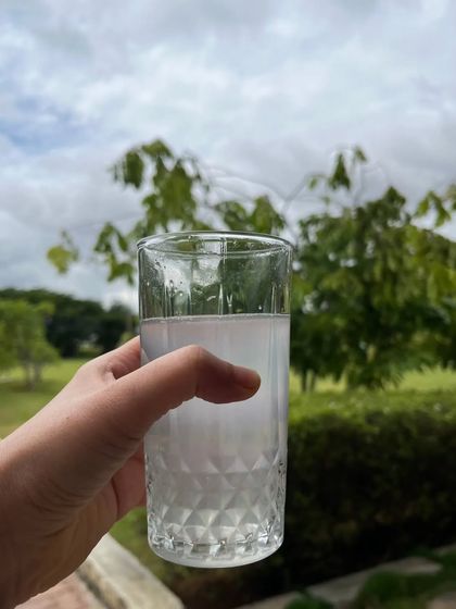 A simple glass of water held against the backdrop of our green retreat. Sometimes, the most profound healing comes from the simplest things: pure water, fresh air, and a moment of peace.