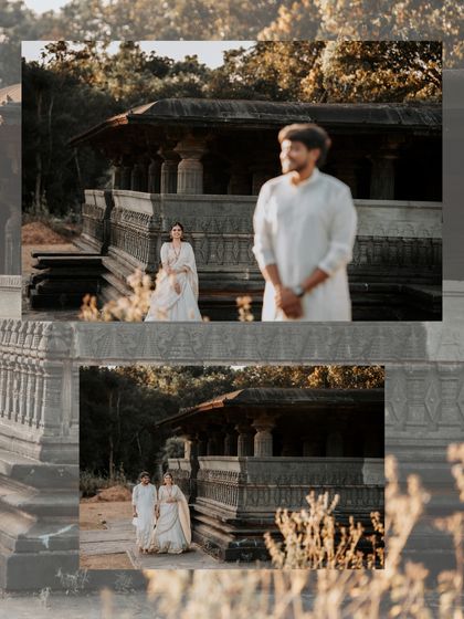 A creative collage that uses layering to showcase the couple within the beautiful setting of the ancient temple.