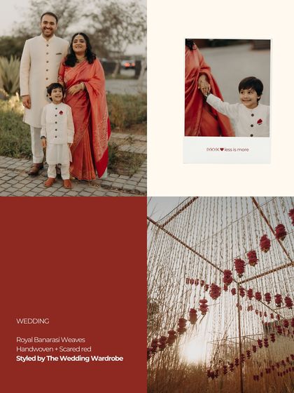 A family portrait showcasing the 'unsung hero', the sister-in-law, in a royal red Banarasi weave. We believe in celebrating every important relationship with a unique and personal style.