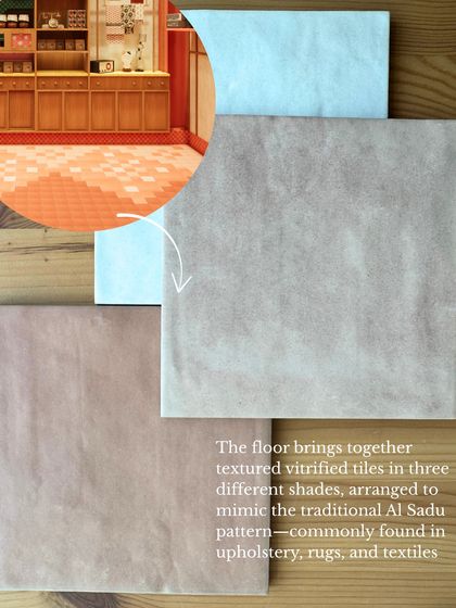 For the flooring at Mina Creamery, we are using textured vitrified tiles in three shades to mimic the traditional Al Sadu pattern, commonly found in Emirati textiles. This is a nod to one of the founder's heritage.