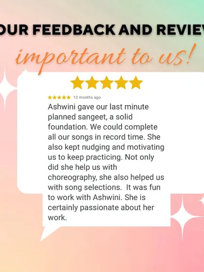 This client's feedback really made my day. They highlight how I helped with song selection and motivated them to practice, turning a last minute sangeet into a huge success.