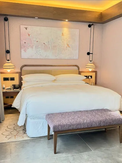 A look at the thoughtful design of our bedroom, featuring a comfortable bed, unique hanging lamps, and art inspired by nature, all contributing to a serene and sophisticated ambiance.