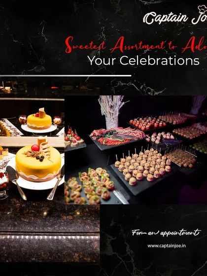 We offer a sweet assortment to adorn your celebrations. This collage shows a variety of desserts, from whole cakes to bite-sized appetizers and fruit skewers, perfect for satisfying any sweet tooth.