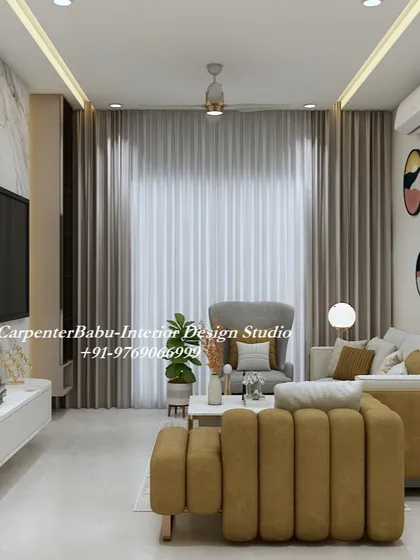 This living room uses a warm, mustard-colored sofa to add a vibrant pop of color. The design is balanced with neutral walls and curtains, creating a cheerful yet sophisticated space.