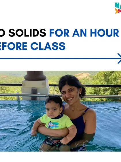 An important item on our pre-swim checklist: no solids for an hour before class. This helps prevent discomfort or spitting up in the pool, ensuring your child has a comfortable and happy lesson.