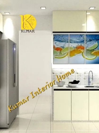 A partial view of the kitchen, focusing on the sink area and the custom-printed upper cabinets.