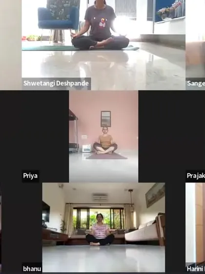 Participants settle into a seated meditation posture during our early morning online session. Starting the day with mindfulness sets a positive tone for the hours ahead.
