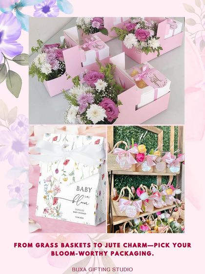 Packaging is key to telling a story. For a "Baby in Bloom" theme, I offer everything from floral gift boxes to charming jute baskets, ensuring the outside is as special as the inside.