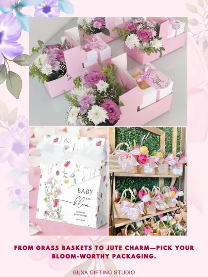 A mood board showing different packaging options for a "Baby in Bloom" theme, from floral boxes to charming grass baskets.