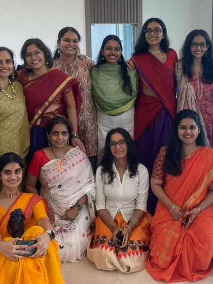 This is my dance family. Following the Guru-Shishya Parampara, we are more than just a class; we are a community that learns, rehearses, and celebrates together. This photo was taken during our annual Dussehra Puja, a cherished tradition in our school.