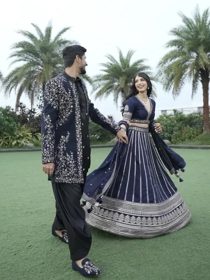 Sakshi’s Roka makeup was all about dreamy hues and delicate details. She wore a beautiful navy blue lehenga, so we kept the makeup soft and radiant with a focus on her eyes.