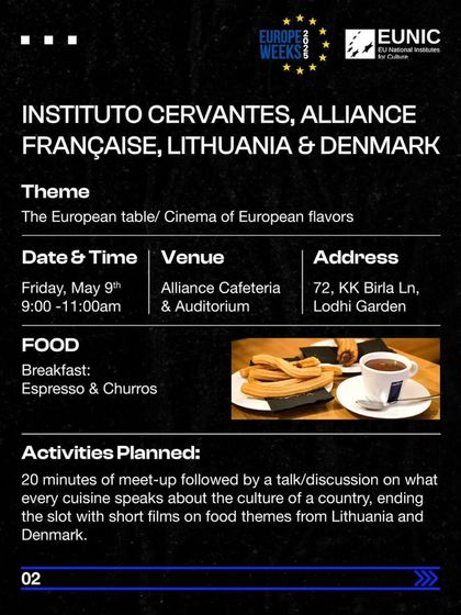 The event schedule for our Europe Day celebration, detailing the program of a meet-up, panel discussion, and short film screenings. We provide clear, informative materials for all our events.