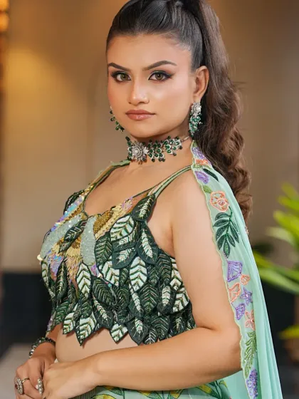 A close-up portrait in the mint green lehenga, focusing on the stylish high ponytail and the elegant choker set. This is a great inspiration for a chic and modern wedding guest look.