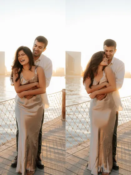 A collage showing a couple's playful and loving interactions by the water in Dubai. These shots capture the transition from laughter to a sweet, intimate moment.