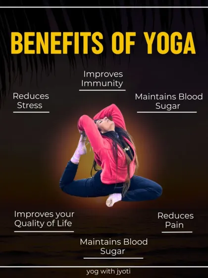 A visual summary of the benefits of yoga, including stress reduction, improved immunity, pain reduction, and better quality of life.