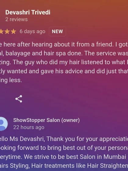 This review from a happy client who got a global colour, balayage, and hair spa perfectly captures my work ethic. I always listen to what you want, provide expert advice, and deliver the results you are looking for.