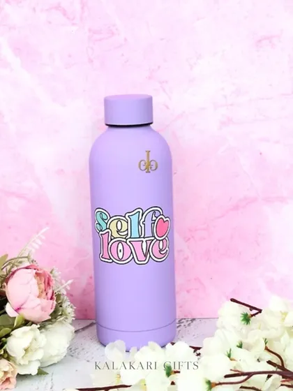 Our "Self Love" personalized water bottle in a beautiful lavender color. A perfect daily reminder to prioritize your well-being.