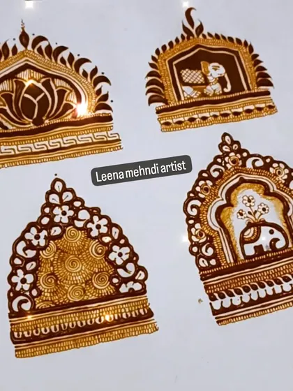 A collection of four different jharokha (window) and dome motifs. These architectural elements can feature lotuses, elephants, or intricate patterns inside.