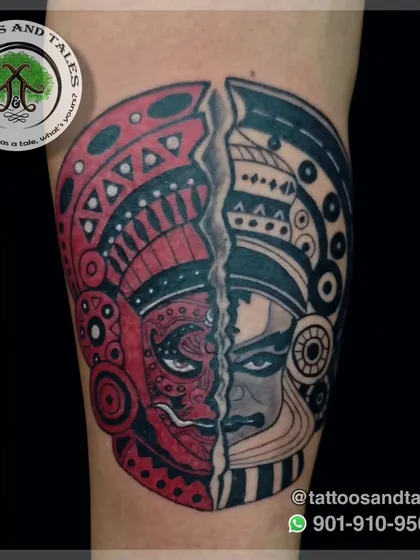 We love telling stories through ink. This piece merges two iconic Kerala art forms, Theyyam and Kathakali, blending bold red with monochrome to represent the balance of fierce divinity and expressive grace.
