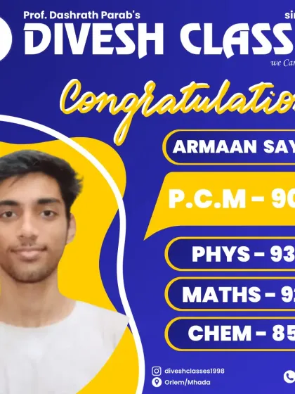 Our results are our pride. Congratulations to Armaan Sayed for his impressive 90% in PCM, with standout scores in Physics and Maths, crucial for engineering entrance exams like JEE.