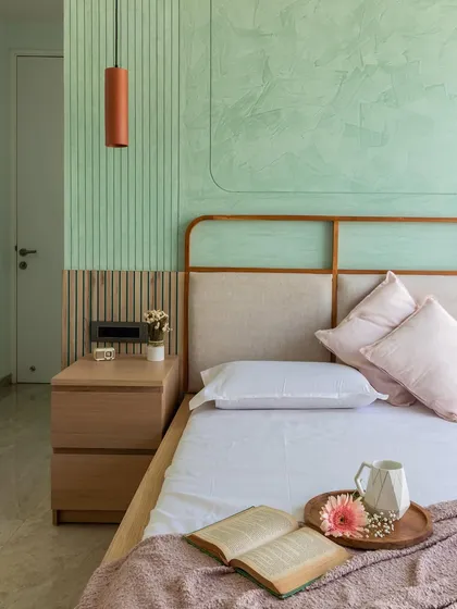There is a strange sense of peace in watching your own creations come to life. This detail shot captures the serene mood of the Wabi-Sabi bedroom.