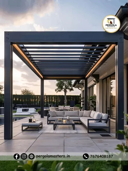 Integrated lighting transforms this rafter pergola into a sophisticated evening retreat. The warm light highlights the clean lines of the structure, creating an inviting atmosphere for poolside gatherings after dark.