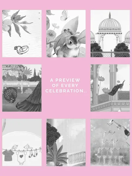 A preview of the many celebrations I design for. This collage hints at the custom themes available, including engagement rings, baby announcements, royal wedding motifs, and champagne toasts.