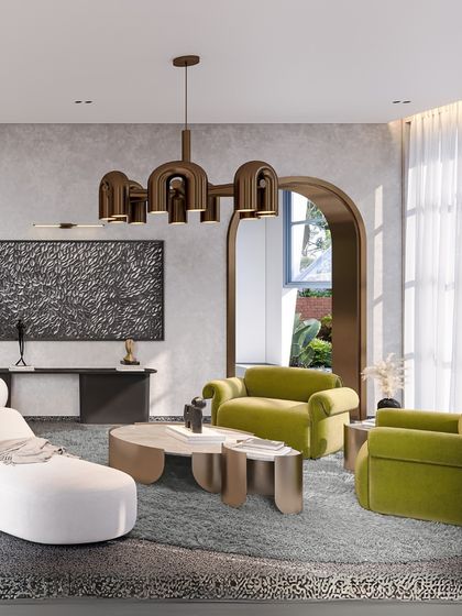 A different configuration of the nature-inspired living room, showcasing a white chaise lounge. The curved forms of the furniture and the use of a plush, textured rug create a soft and inviting environment.