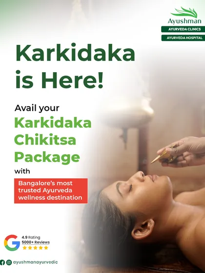 A simple and direct invitation to avail our Karkidaka Chikitsa package. As Bangalore's most trusted Ayurveda destination, we offer authentic monsoon therapies to rejuvenate your body and mind.