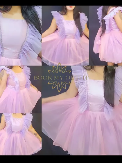 This collage showcases our playful lavender and pink short frock from multiple angles. With its ruffled sleeves and tulle skirt, it's a fun and flirty option for birthdays, bachelorettes, or any party where you want to dance the night away.